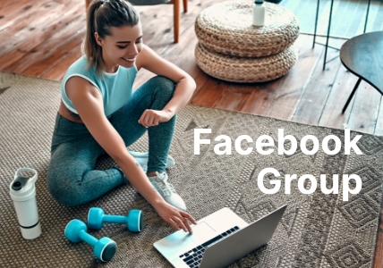 Facebook Group. A woman in fitness apparel sitting on the floor with her laptop infront of her.